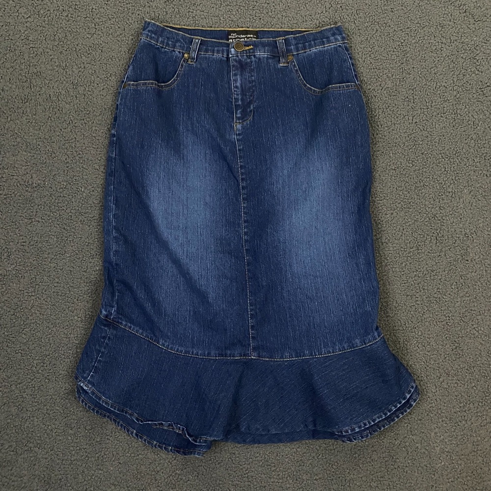 Vintage Y2K No Boundaries Denim Skirt FITS 26x25 Stretch Midi‎ Ruffle Jean Blue